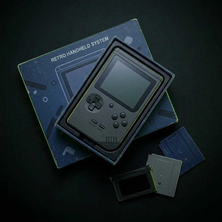 A boxed retro handheld console with loose game cartridges